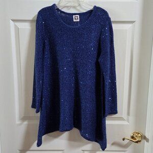 Anne Klein Blue Sequin Sequined Knit Tunic Sweater Size Medium